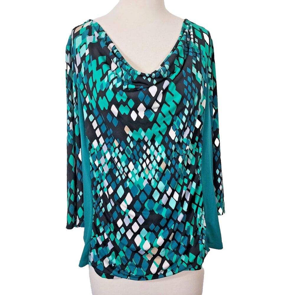 Dana Buchman Cowl Neck 3/4 Sleeve Blouse Top Green Black Stretch Womens Plus 1X